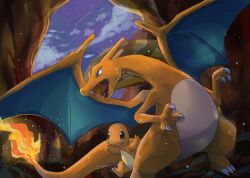 Rule 34 | animal focus, charizard, charmander, claws, colored skin, evolutionary line, fire, gen 1 pokemon, highres, horns, nintendo, no humans, open mouth, orange skin, pokemon, pokemon (creature), smile, volpecorvo, wings