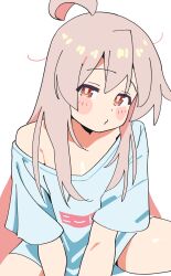1girl ahoge bare_arms blush_stickers brown_eyes commentary hair_between_eyes head_tilt highres long_hair noyama_takenoko o3o onii-chan_wa_oshimai! oversized_clothes oversized_shirt oyama_mahiro pink_hair puckered_lips shirt short_sleeves simple_background single_bare_shoulder single_off_shoulder sitting solo spread_legs t-shirt very_long_hair white_background white_shirt