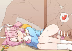 1boy 1girl anal animal_ear_fluff animal_ears blue_archive blue_shirt cat_ears cat_girl cat_tail chlorella_observation_club_member_(blue_archive) hair_bobbles hair_ornament halo heart heavy_breathing highres hugging_own_tail hugging_tail just_the_tip kindergarten_uniform lying mountain_han on_side pink_hair see-through_body shirt short_hair size_difference socks spoken_heart spooning sweat tail white_socks