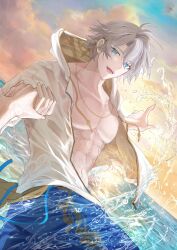 1boy :d abs alternate_costume antenna_hair blue_eyes blue_male_swimwear blue_swim_trunks commentary_request highres holding_hands honkai:_star_rail honkai_(series) hood hood_down jacket looking_at_viewer male_focus male_swimwear open_clothes open_jacket open_mouth parted_bangs phainon_(honkai:_star_rail) saket2024 short_hair smile solo splashing swim_trunks toned toned_male white_hair white_jacket