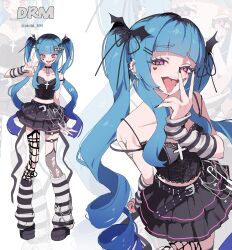 1girl alternate_costume amemiya_darumi black_hair black_nails black_skirt blue_hair ear_piercing earrings fishnets heart jewelry looking_at_viewer multicolored_hair multiple_views navel piercing pink_eyes pleated_skirt safety_pin skirt socks solo striped_clothes striped_socks the_hundred_line_-last_defense_academy- tongue tongue_out twintails