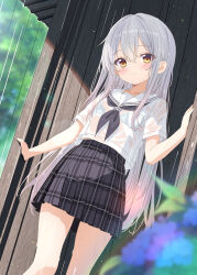 1girl aruka_(alka_p1) black_neckerchief black_skirt blue_bra blurry blurry_background blurry_foreground blush bra breast_pocket closed_mouth commentary_request depth_of_field flower grey_hair highres long_hair looking_at_viewer miniskirt neckerchief original outdoors plaid_clothes plaid_skirt pleated_skirt pocket rain sailor_collar school_uniform see-through_clothes serafuku shirt short_sleeves skirt solo underwear wet wet_clothes wet_shirt white_sailor_collar white_shirt yellow_eyes