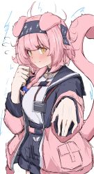 1girl absurdres ahoge animal_ears arknights black_bow black_hairband black_jacket black_skirt blue_bow blush bow braid breasts cat_ears cat_girl cat_tail clenched_hand closed_mouth commentary cowboy_shot electricity embarrassed flying_sweatdrops forced_smile goldenglow_(arknights) hair_bow hairband hands_up highres id_card jacket lanyard large_breasts lightning_bolt_print long_hair looking_at_viewer miniskirt multicolored_jacket open_clothes open_jacket pink_jacket reaching reaching_towards_viewer shirt side_braid simple_background skirt solo t-shirt tail three-quarter_sleeves tobildesu two-tone_jacket v-shaped_eyebrows white_background white_shirt yellow_eyes