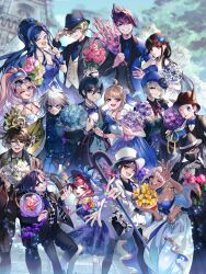 6+boys 6+girls absurdres ahoge akamatsu_kaede amami_rantaro anniversary black_hair blonde_hair blue_eyes blue_hair blush bouquet bow bowtie breasts buttons cane chabashira_tenko checkered_necktie cleavage commentary_request copyright_name crop_top danganronpa_(series) danganronpa_10th_anniversary_costume danganronpa_v3:_killing_harmony dark-skinned_female dark_skin dress english_text everyone eyelashes eyewear_on_head flipped_hair flower foreshortening formal_clothes glasses gokuhara_gonta green_eyes green_hair grey_hair grin gyaru hair_between_eyes hair_over_one_eye happy harukawa_maki hat hat_ribbon hat_tip highres holding holding_bouquet holding_cane holding_flower hoshi_ryoma iruma_miu jacket k1-b0 large_breasts long_hair long_sleeves looking_at_viewer mask mole mole_under_mouth momota_kaito mouth_mask multiple_boys multiple_girls necktie nota_sayaka oma_kokichi one_eye_closed open_mouth ponytail purple_eyes purple_hair reaching reaching_towards_viewer red_eyes red_hair ribbon robot round_eyewear saihara_shuichi shinguji_korekiyo shirogane_tsumugi short_hair skirt smile spiked_hair suit tojo_kirumi tongue tongue_out top_hat tuxedo very_long_hair white_hair witch_hat yellow_eyes yonaga_angie yumeno_himiko