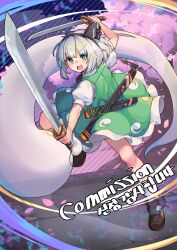 1girl a12_a_ini absurdres ankle_socks black_bow black_bowtie black_hair blush bob_cut bow bow_hairband bowtie brown_shoes cherry_blossoms collared_shirt commentary commission dual_wielding english_commentary frilled_skirt frills full_body green_eyes green_skirt green_vest grey_hair hair_between_eyes hairband highres hitodama hitodama_print holding holding_sword holding_weapon konpaku_youmu konpaku_youmu_(ghost) korean_text loafers looking_at_viewer medium_hair mixed-language_text open_mouth outdoors puffy_short_sleeves puffy_sleeves sheath shirt shoes short_sleeves skirt socks solo sword teeth touhou translation_request tree unsheathed upper_teeth_only vest watermark weapon white_shirt white_socks