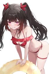 1girl bare_shoulders bikini black_choker black_hair blush breasts butterfly-shaped_pupils choker cleavage collarbone flower_tattoo halterneck highres honkai:_star_rail honkai_(series) innertube kunizaki leaning_forward licking_lips long_hair looking_at_viewer mark_under_both_eyes medium_breasts navel pink_eyes red_bikini side-tie_bikini_bottom smile solo sparkle_(honkai:_star_rail) swim_ring swimsuit symbol-shaped_pupils tattoo thigh_strap thighs tongue tongue_out twintails