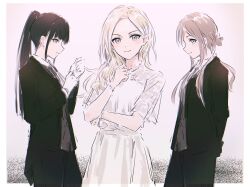 Rule 34 | 3girls, amaya tsubame, arms behind back, black hair, black pants, blonde hair, border, brown hair, bullfalk, butler, closed mouth, commentary request, crossdressing, crossdressing (ftm), dress, female butler, gakuen idolmaster, gloves, grey eyes, half updo, highres, himesaki rinami, idolmaster, jacket, juo sena, long hair, long sleeves, looking at viewer, multiple girls, open clothes, open jacket, outside border, pants, parted bangs, pink background, ponytail, profile, purple eyes, short sleeves, sidelocks, simple background, smile, standing, suit jacket, white border, white dress, white gloves