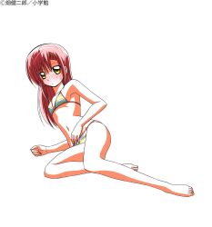 Rule 34 | 1girl, absurdres, armpits, bare shoulders, bikini, blush, collarbone, feet, flat chest, hair ornament, hata kenjirou, hayate no gotoku!, highres, katsura hinagiku, legs, long hair, looking at viewer, lying, navel, official art, on side, pink hair, simple background, smile, solo, stomach, striped bikini, striped clothes, swimsuit, thigh gap, toes, white background, yellow eyes