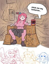 4girls :3 ahoge black_shoes black_skirt blonde_hair blue_hair bocchi_the_rock! breasts cube_hair_ornament emperor_of_mankind gotoh_hitori guitar hair_ornament if_the_emperor_had_a_text-to-speech_device ijichi_nijika instrument japvs kita_ikuyo large_breasts long_hair looking_up multiple_girls open_mouth pants pink_hair pink_pants pink_track_suit red_hair shoes sitting sitting_on_throne sketch skirt smile space_marine teeth throne track_suit tube upper_teeth_only warhammer_40k wings yamada_ryo youtube_logo