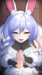 1boy 1girl animal_ear_fluff animal_ears animated black_bodysuit blue_hair blush bodysuit braid breasts commentary cum cum_in_mouth cum_on_body cum_on_breasts cum_on_clothes cum_on_hair cum_on_tongue cum_on_upper_body detached_sleeves dress ejaculation english_commentary erection evil_trevo facial gloved_handjob gloves handjob heart heart-shaped_pupils hetero highres hololive interspecies jasminexlynn large_breasts long_hair looking_at_viewer mature_female multicolored_hair open_mouth pekomama penis pov rabbit-shaped_pupils rabbit_ears rabbit_girl short_eyebrows smile solo_focus sound streaked_hair symbol-shaped_pupils tagme tongue two-handed_handjob uncensored video virtual_youtuber white_dress white_hair white_sleeves