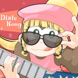 1girl adjusting_eyewear black-framed_eyewear blonde_hair bright_pupils brown_fur character_name dixie_kong donkey_kong_(series) furry furry_female green_eyes guitar hat highres holding holding_guitar holding_instrument instrument licking_lips long_hair looking_at_viewer maaruutaa0 nintendo pink_hat solo sunglasses tinted_eyewear tongue tongue_out upper_body white_pupils
