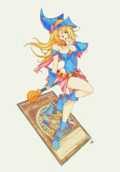 1girl absurdres artist_name blonde_hair blue_boots blue_hat blush_stickers boots breasts capelet card cleavage commentary dark_magician_girl delux_drawings dress duel duel_monster full_body gem green_eyes grey_background hair_between_eyes hat highres holding holding_staff knee_boots leg_up long_hair looking_at_viewer medium_breasts one_eye_closed open_mouth orange_gemstone pelvic_curtain pink_capelet pink_skirt red_gemstone short_dress showgirl_skirt signature simple_background skirt smile solo sparkle staff v vambraces wand white_background wizard_hat yu-gi-oh! yu-gi-oh!_duel_monsters