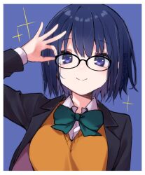 Rule 34 | 1girl, adjusting eyewear, black-framed eyewear, black jacket, blue background, blue eyes, blue hair, border, ciel (tsukihime), collared shirt, commentary request, glasses, highres, jacket, long sleeves, looking at viewer, open clothes, open jacket, school uniform, shirt, short hair, simple background, smile, solo, tanka kikurage, tsukihime, tsukihime (remake), twitter username, vest, white border, white shirt, yellow vest
