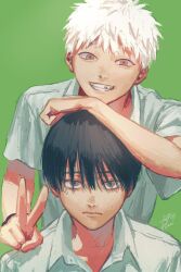 2boys black_hair closed_mouth collared_shirt commentary_request green_background highres hikaru_ga_shinda_natsu indou_hikaru looking_at_viewer male_focus mokumokuren_(mokmok_len) mole mole_on_cheek mole_under_eye mole_under_mouth multiple_boys multiple_moles red_pupils school_uniform shirt short_hair short_sleeves signature smile tsujinaka_yoshiki upper_body v watch white_hair white_shirt wristwatch