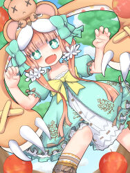 +_+ 1girl animal_hood apple bear_alma boots brown_boots brown_hair dress emil_chronicle_online fang flower food forest frilled_dress frills fruit green_dress green_eyes green_ribbon hair_flower hair_ornament hair_ribbon highres hood nature open_mouth ribbon senkyoku_niban yellow_ribbon