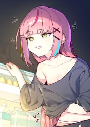 1girl absurdres bare_shoulders blue_hair blue_streaks breasts cleavage flat_chest green_eyes hair_ornament hairclip hanako_nana hand_under_clothes hand_under_shirt highres long_hair midriff_peek multicolored_hair off-shoulder_shirt off_shoulder oversized_clothes oversized_shirt pink_hair refrigerator refrigerator_interior sake_goroke saliva shirt simple_background sleepy solo stellive streaked_hair very_long_hair virtual_youtuber