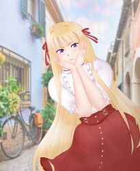 1girl absurdres bicycle bicycle_basket blonde_hair blue_eyes blush bow cloud dress evangeline evangeline_a.k._mcdowell hands_on_own_face highres long_hair looking_at_viewer mahou_sensei_negima! purple_eyes ribbon skirt smile solo uq_holder!