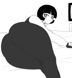 1girl 2017 4chan ass ass_focus black_hair bob_cut cameltoe collared_shirt commentary dated english_commentary female_focus fingerless_gloves foreshortening game_console gloves hairdressing high-waist_pants huge_ass indoors jacket jadf legs_together long_sleeves looking_at_viewer looking_back lying monochrome on_bed on_side pants playstation_4 playstation_4_(personification) puffy_long_sleeves puffy_sleeves shirt short_hair sketch skin_tight solo television thick_thighs thighs