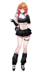 1girl black_arm_warmers black_skirt blush breasts closed_mouth commentary_request crop_top highres holika_baby hololive hololive_dev_is ichijou_ririka large_breasts long_hair looking_at_viewer midriff o-ring o-ring_thigh_strap orange_hair red_eyes simple_background skirt smile solo thigh_strap thighs virtual_youtuber white_background