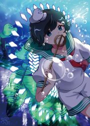 absurdres afterimage anchor_symbol aqua_eyes black_hair bubble collared_shirt danmaku grin hat highres holding holding_ladle ladle mini_hat murasa_minamitsu neckerchief prk_prsk red_neckerchief sailor_hat school_uniform serafuku shirt short_hair short_sleeves shorts signature smile spell_card touhou underwater white_shirt white_shorts
