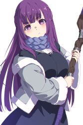 1girl :t black_robe blush breasts closed_mouth coat cut_bangs fern_(sousou_no_frieren) grey_coat highres holding holding_staff large_breasts long_hair looking_at_viewer mage_staff open_clothes open_coat purple_eyes purple_hair robe sando_(dukedevil) simple_background solo sousou_no_frieren staff straight_hair white_background