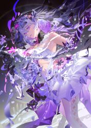 1girl absurdres bare_shoulders black_tiara bright_pupils castorice_(honkai:_star_rail) dress elbow_gloves floating_hair gloves grey_hair highres honkai:_star_rail honkai_(series) legwear_cutout long_hair looking_at_object magnolia29 pantyhose parted_lips purple_eyes purple_gloves purple_hair skeleton solo standing tiara white_dress white_pantyhose white_pupils