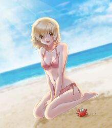 1girl :d bare_arms bare_legs barefoot beach between_legs bikini blonde_hair blue_sky breasts brown_eyes cagalli_yula_athha cleavage cloud collarbone day eyebrows_hidden_by_hair full_body gundam gundam_seed hand_between_legs highres koban_(zouwqprlfvilaod) medium_breasts medium_hair ocean open_mouth outdoors pink_bikini side-tie_bikini_bottom sitting sky smile solo straight_hair summer sunlight swimsuit wariza