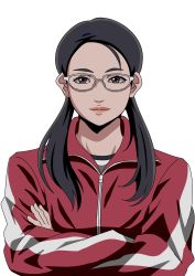 Rule 34 | 1girl, black hair, brown eyes, crossed arms, glasses, gokusen, highres, jacket, long hair, long sleeves, looking at viewer, mamiyama, red jacket, simple background, solo, track jacket, twintails, upper body, white-framed eyewear, white background, yamaguchi kumiko
