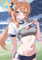 1girl animal_ear_fluff animal_ears blue_archive blue_buruma blue_eyes blush breasts buruma cat_ears clothes_lift flower grey_sports_bra hair_flower hair_ornament hairband halo highres long_hair looking_at_viewer mari_(blue_archive) mari_(track)_(blue_archive) marisasu_(marisa0904) medium_breasts navel open_mouth orange_hair ponytail shirt short_sleeves sidelocks solo sports_bra white_shirt