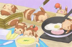 &gt;_&lt; :3 :p bread butter closed_eyes cup cutting_board egg egg_(food) falling flying_sweatdrops food food_focus fried_egg frying_pan furret gen_2_pokemon ham in_food knife lying nintendo no_humans on_back on_stomach open_mouth pokemon pokemon_(creature) table tears tomato tongue tongue_out