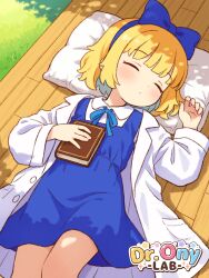 1girl blonde_hair blue_bow blue_dress blue_hair blue_hairband blue_ribbon book bow bow_hairband closed_eyes closed_mouth coat collared_shirt colored_inner_hair commentary_request dress hair_bow hairband head_on_pillow holding holding_book lab_coat long_sleeves lying medium_hair multicolored_hair neck_ribbon on_back onyhakase open_clothes open_coat original pillow pinafore_dress ribbon shirt sleeping sleeveless sleeveless_dress solo two-tone_hair white_coat white_shirt
