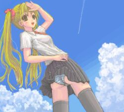 1girl 2000s_(style) ass black_skirt blonde_hair blue_panties blue_sky blush bow breasts cloud commentary_request contrail cowboy_shot day green_eyes grey_thighhighs hair_bow hoshi_iro_enpitu long_hair looking_at_viewer looking_back medium_breasts open_mouth original outdoors panties pantyshot pleated_skirt red_bow shirt short_sleeves skirt sky smile solo striped_clothes striped_panties thighhighs twintails underwear white_shirt wind wind_lift zettai_ryouiki