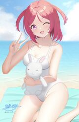 animal beach blind breasts chimu_(redfalcon23) cloud cloudy_sky commission commissioner_upload feet_out_of_frame fukuzawa_ayu_(redfalcon23) highres hyakuya_iori kneeling ocean one-piece_swimsuit one_eye_closed original pink_eyes rabbit red_hair short_hair skeb_commission sky smile swimsuit thighs twintails v white_one-piece_swimsuit white_rabbit_(animal)