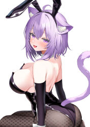 1girl :3 aa44 ahoge alternate_costume animal_ear_fluff animal_ear_hairband animal_ears armpit_crease ass backless_leotard bare_shoulders black_leotard black_pantyhose blush breasts cat_ears cat_girl cat_tail commentary_request detached_collar detached_sleeves fake_animal_ears fishnet_pantyhose fishnets from_side hair_between_eyes hairband highres hololive large_breasts leotard looking_at_viewer median_furrow medium_hair nekomata_okayu open_mouth pantyhose playboy_bunny purple_eyes purple_hair rabbit_ear_hairband rabbit_ears seiza sideboob simple_background sitting solo strapless strapless_leotard tail turning_head virtual_youtuber white_background wrist_cuffs