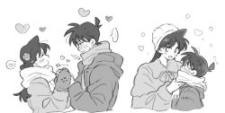 ... 1boy 1girl adjusting_another&#039;s_clothes ba_ko blush child closed_eyes closed_mouth coat cowlick edogawa_conan glasses greyscale hair_between_eyes heart highres holding_hands kudou_shin&#039;ichi long_hair meitantei_conan mittens monochrome mouri_ran multiple_views open_mouth scarf short_hair size_difference smile spiked_hair spoken_ellipsis spoken_heart sweatdrop upper_body white_hair winter_clothes winter_coat