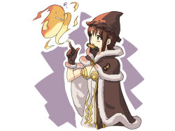 1girl blush brown_cape brown_dress brown_gloves brown_hair brown_hat cape commentary_request cowboy_shot dress fire fur-trimmed_cape fur-trimmed_gloves fur_trim gloves green_eyes hat high_wizard_(ragnarok_online) magic meranie open_mouth pyrokinesis ragnarok_online scroll_tube short_hair simple_background solo two-tone_dress white_background white_dress wizard_hat
