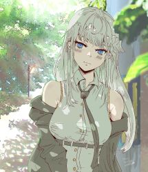 1girl azur_lane black_coat black_necktie blue_eyes breasts coat collared_shirt enterprise_(azur_lane) highres long_hair looking_at_viewer loose_necktie medium_breasts necktie open_clothes open_coat outdoors shirt sleeveless sleeveless_shirt solo upper_body wart1076 white_hair white_shirt