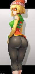 1girl :s absurdres arms_(game) ass bandaged_arm bandages beanie blonde_hair blunt_bangs bob_cut bracelet breasts closed_mouth clothes_writing crop_top dated feet_out_of_frame female_focus from_behind green_eyes grey_background hat highres huge_ass jewelry leggings looking_at_viewer looking_back medium_breasts min_min_(arms) mogtate red_hat short_hair sleeveless solo standing thick_thighs thighs