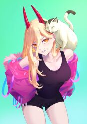 1girl blonde_hair breasts cat chainsaw_man collarbone commentary cowboy_shot daiyumee02 demon_horns english_commentary gradient_background highres horns leaning_forward medium_breasts patterned_eyes red_horns shorts smile solo sportswear thigh_gap upper_body