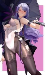 1girl :3 absurdres armband armpit_crease arubino_(rpka2448) bare_shoulders black_pantyhose blush breasts closed_mouth covered_navel dutch_angle foreshortening from_below heart heart-shaped_pupils highres holding holding_umbrella leotard long_hair looking_at_viewer medium_breasts mixed-language_commentary mole mole_on_breast mole_under_eye nail_polish narrowed_eyes nipple_slip nipples pantyhose parasol pinky_out playboy_bunny pointy_ears purple_hair purple_nails red_eyes smile solo swept_bangs symbol-shaped_pupils torn_clothes torn_pantyhose umbrella very_long_hair vivian_banshee white_leotard zenless_zone_zero