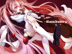 1girl bat_(animal) black_dress black_nails black_shoes character_name crossed_legs dress food frilled_dress frilled_sleeves frills fruit funamusea haiiro_teien hair_between_eyes highres holding holding_food kae_hokora long_hair open_mouth panties pink_eyes pink_hair pointy_ears rawberry_preserves red_background red_eyes shoes simple_background solo strawberry striped_clothes striped_panties thighhighs underwear white_thighhighs wings
