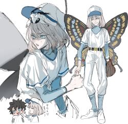 2boys absurdres black_hair blanca_(fate) blue_eyes bug butterfly_wings closed_eyes fate/grand_order fate_(series) fujimaru_ritsuka_(male) grey_hair hair_between_eyes hat highres insect_wings multiple_boys oberon_(fate) oberon_(refreshing_summer_prince)_(fate) short_hair simple_background smile wings yurumawari