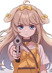 Rule 34 | 1girl, absurdres, ahoge, aiming, animal ears, bell, blue eyes, bow, bow hairband, brown collar, brown hair, butter (trickcal), closed mouth, collar, collarbone, commentary, dog ears, dog girl, droopy ears, ear bow, gradient background, gun, hairband, handgun, highres, holding, holding gun, holding weapon, jingle bell, long hair, looking at viewer, neck bell, pocket, shirt, short sleeves, solo, spaghetti strap, straight-on, trickcal, upper body, v-shaped eyebrows, vector (dmlddmld00), weapon, white background, white shirt, yellow bow, yellow shirt