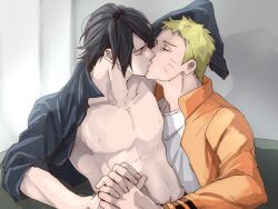 2boys abs bare_pectorals black_hair black_shirt blonde_hair boruto:_naruto_next_generations closed_eyes collarbone collared_shirt crew_neck facial_mark fingernails highres holding_hands male_focus mi73suki multiple_boys naruto_(series) open_clothes open_shirt orange_shirt parted_bangs pectorals popped_collar shirt sideburns uchiha_sasuke uzumaki_naruto whisker_markings white_shirt yaoi