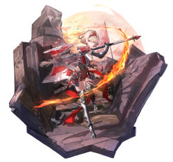 1girl :o absurdres armor axe blonde_hair boots breastplate character_request copyright_request fire full_body gauntlet gauntlets greaves hairband highres holding holding_weapon horts huge_weapon knight mia_cbx pauldrons red_eyes rock short_hair shoulder_armor solo weapon