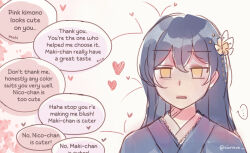 ... 1girl alt_text blue_hair blue_kimono character_name commentary dark_blue_hair english_commentary english_text flirting flower hair_flower hair_ornament heart highres implied_yuri japanese_clothes jitome kimono love_live! love_live!_school_idol_project official_alternate_costume parted_lips sioneve solo sonoda_umi speech_bubble spoken_ellipsis translation_request twitter_username unamused yellow_eyes yellow_flower yukata