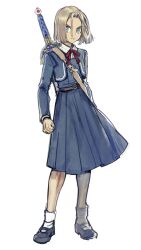 1boy aqua_eyes blue_cardigan blue_skirt bow brown_hair cardigan clenched_hand closed_mouth commentary_request crossdressing dragon_quest dragon_quest_xi erdrick&#039;s_sword floating_hair full_body hero_(dq11) highres looking_to_the_side male_focus mary_janes parted_hair red_bow school_uniform shirt shirt_under_dress shoes short_hair skirt socks solo sword sword_on_back vze6277 weapon weapon_on_back white_background white_shirt white_socks women&#039;s_medal_academy_school_uniform