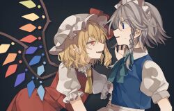Rule 34 | 2girls, apron, ascot, black background, blonde hair, blue eyes, blue vest, bow, braid, collared shirt, commentary, crystal wings, eye contact, face-to-face, fang, flandre scarlet, frilled shirt collar, frilled sleeves, frills, from side, green ribbon, grey hair, hair ribbon, hat, hat bow, highres, izayoi sakuya, looking at another, maid, maid apron, maid headdress, mob cap, multicolored wings, multiple girls, neck ribbon, nemari (nemaru 0907), nervous smile, one side up, open mouth, pointy ears, profile, puffy short sleeves, puffy sleeves, red bow, red eyes, red skirt, red vest, ribbon, shirt, short hair, short sleeves, side braid, simple background, skin fang, skirt, skirt set, smile, sweatdrop, touhou, vest, waist apron, white apron, white hat, white shirt, wide-eyed, wing collar, wings, yellow ascot, yuri