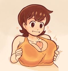 Rule 34 | 1boy, 1girl, aioi yuuko, bare shoulders, bra, breasts, breasts squeezed together, brown eyes, brown hair, cleavage, collarbone, dozo gon, heart, hetero, highres, huge breasts, looking at penis, motion lines, nichijou, open mouth, orange bra, paizuri, paizuri under clothes, penis, pov, short hair, simple background, skindentation, smile, sports bra, underwear, yellow background