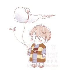 1boy ahoge baby balloon brown_hair bug chanchanko_(clothes) child dragonfly gegege_no_kitarou geta ghost hitodama holding holding_balloon insect iworihase japanese_clothes jinbei_(clothes) kitarou kitarou_tanjou:_gegege_no_nazo looking_up medama_oyaji one_eye_closed one_eye_covered parted_bangs puffy_cheeks short_hair solo twitter_username watermark